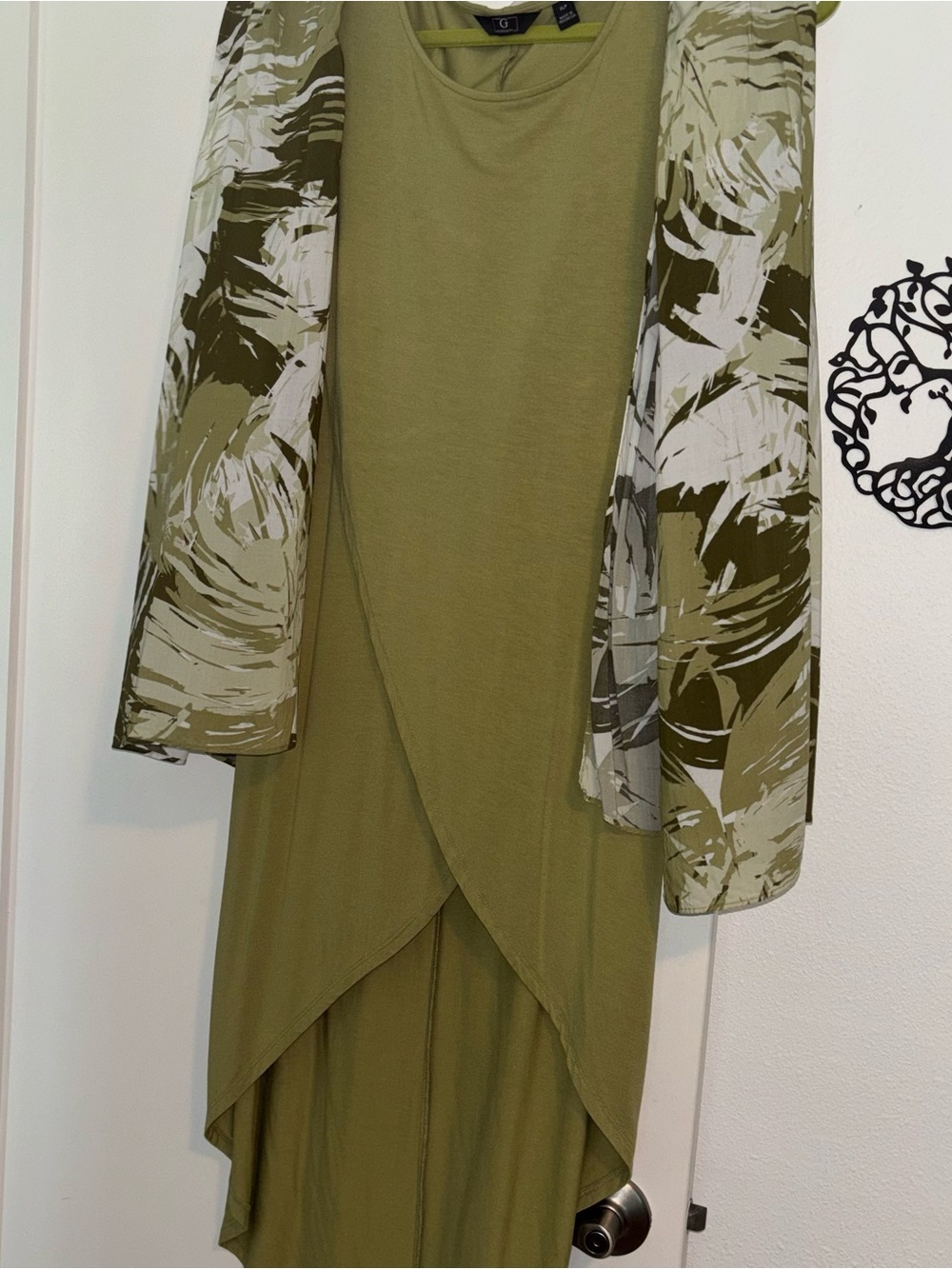 Olive Green Layered Tunic Dress with Printed Cardigan